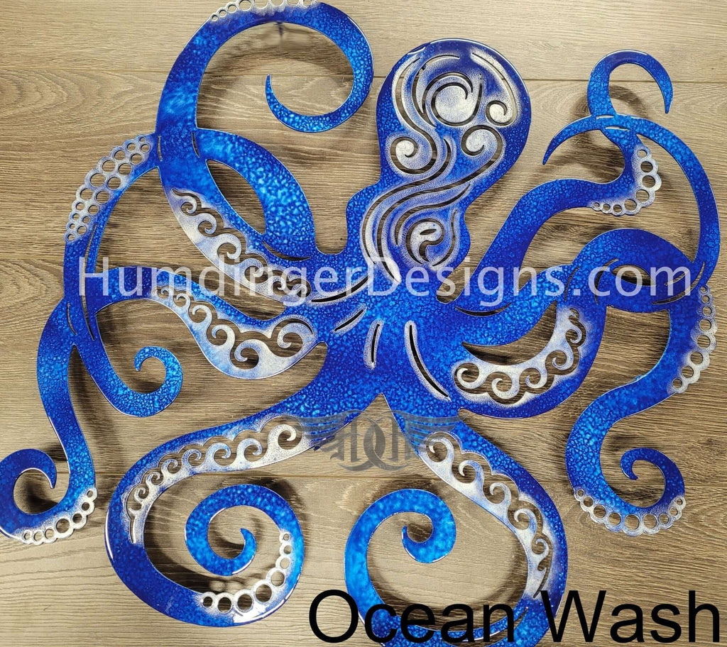 Octopus Metal Wall Art in a gorgeous blue propietary wash. Ocean Wash by Humdinger Designs.