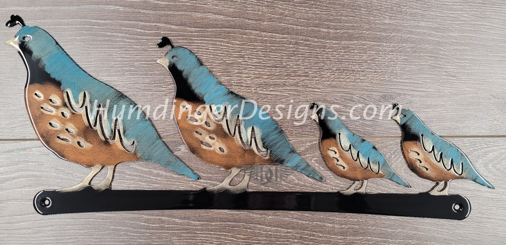 Hand-painted aluminum quail family wall decor, premium quality metal art, lightweight with free shipping option.