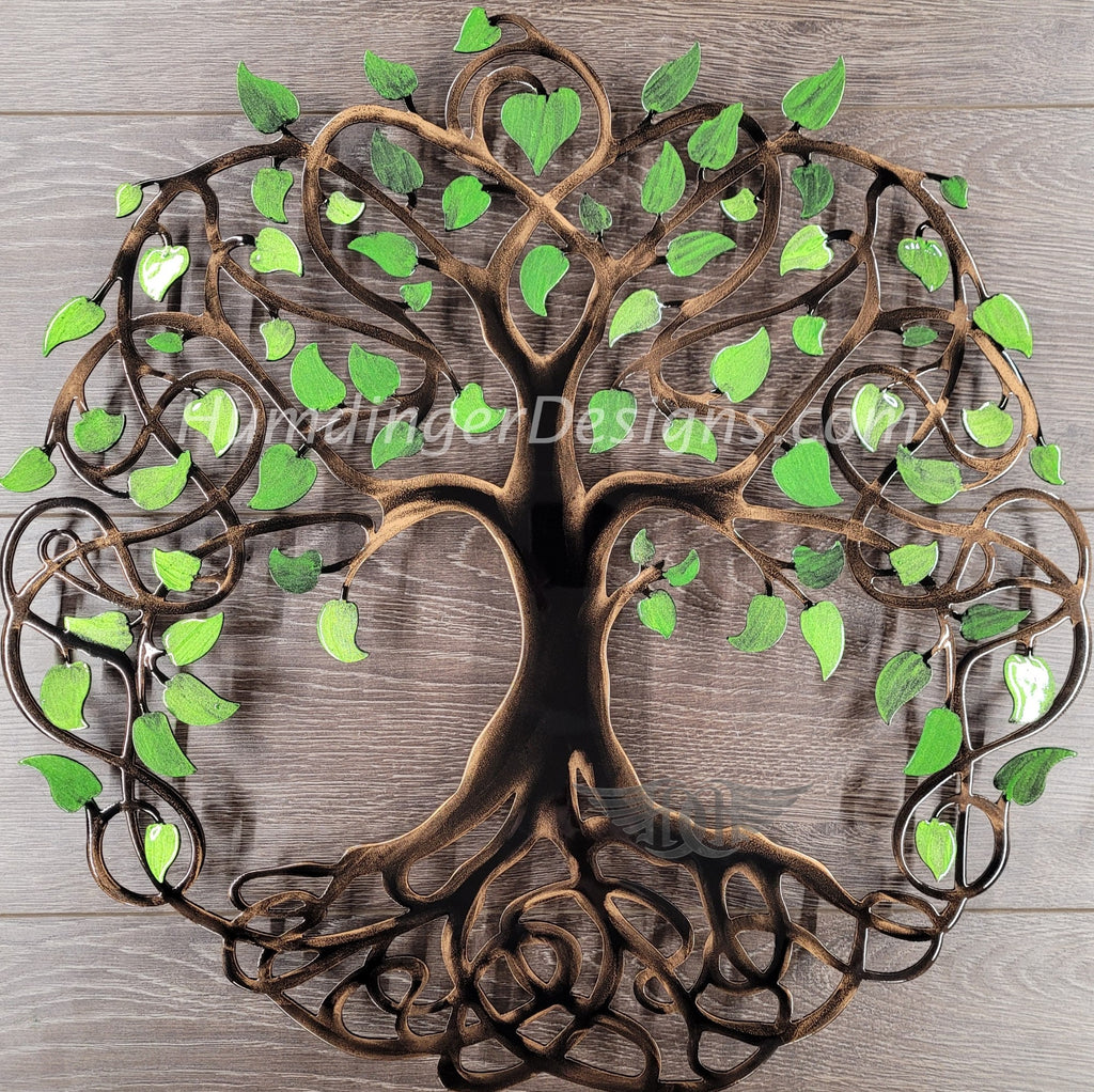 Infinity Tree of Life metal art wall decor in green and brown, handmade premium quality, unique design with free shipping.