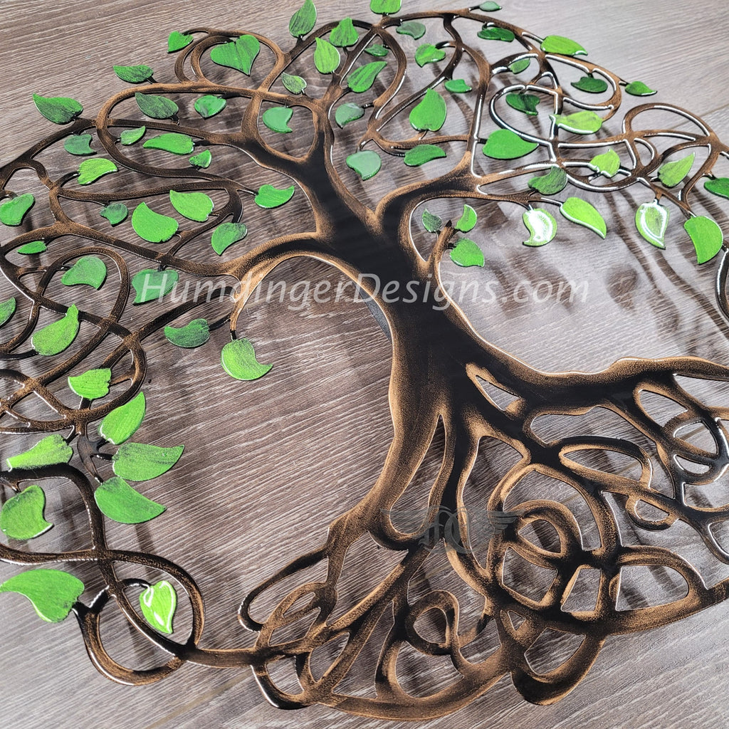 Infinity Tree of Life metal art wall decor, handmade with green leaves, premium quality, showcasing unique craftsmanship.