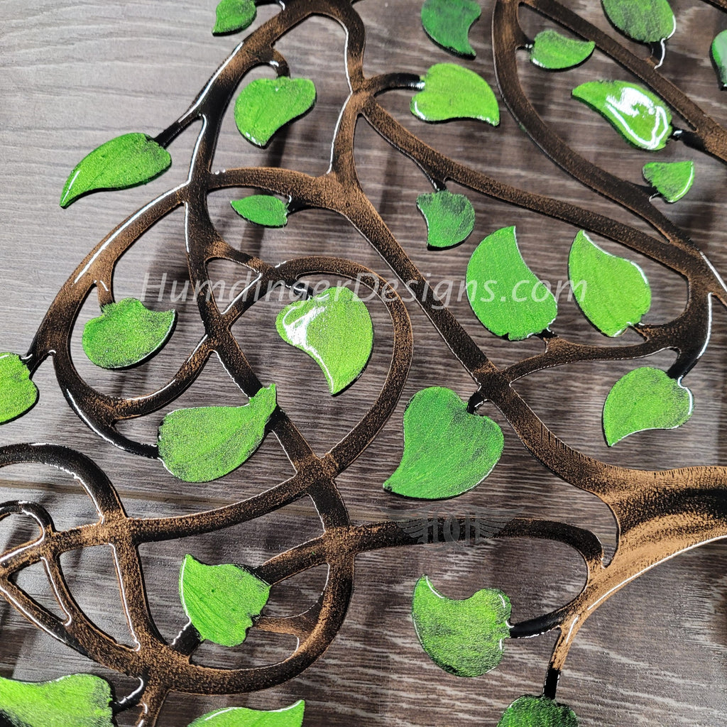 Green Pearl Classic Infinity Tree of Life metal art by Humdinger Designs, showcasing hand-painted leaves and intricate branches.