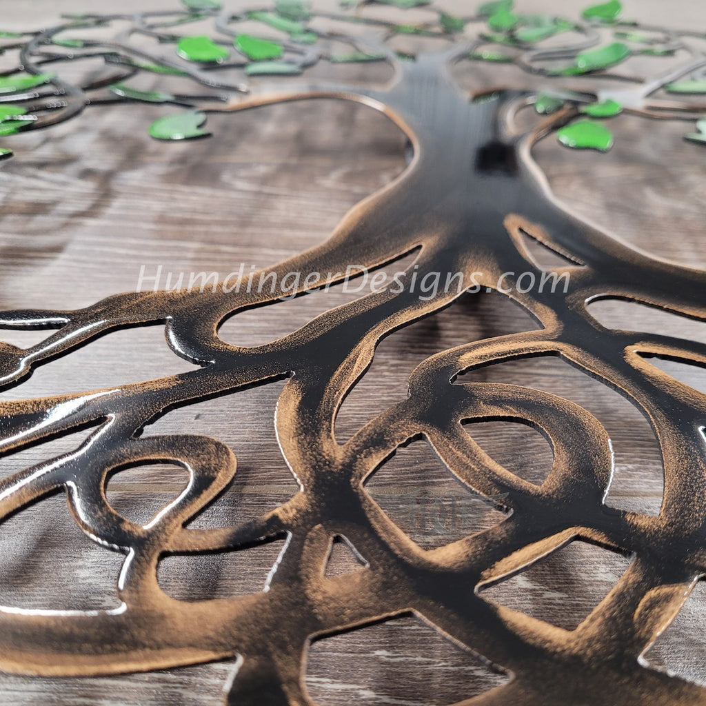 Infinity Tree of Life metal art with hand-painted details in green and brown by Humdinger Designs, made from steel or aluminum.