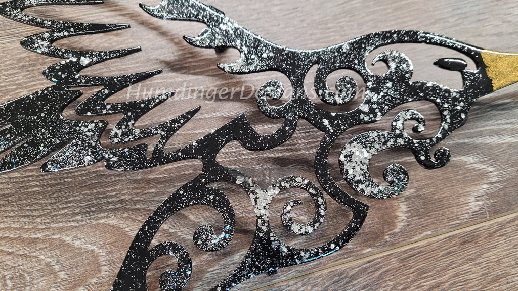 Hand painted metal art hummingbird wall decor with detailed glitter finish, premium quality, handmade by Humdinger Designs.