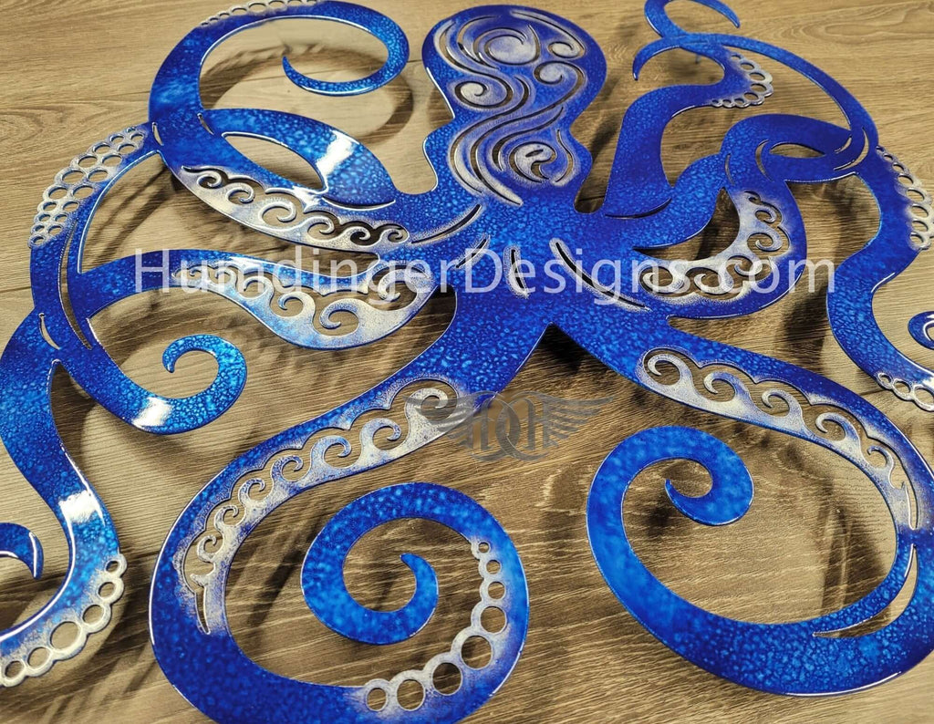 Octopus Metal Wall Art in a gorgeous blue propietary wash. Ocean Wash by Humdinger Designs.